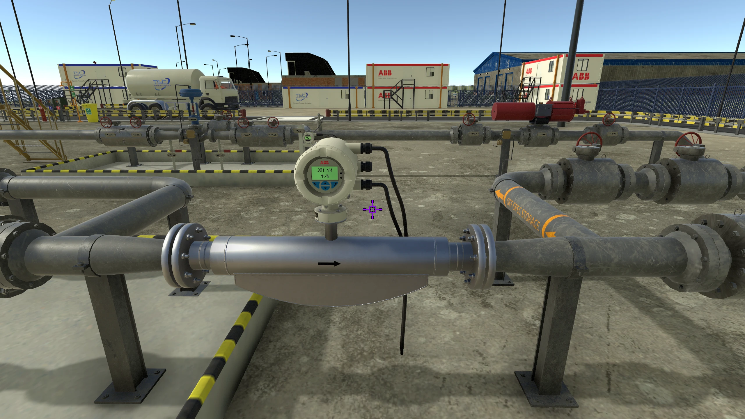 Modelled ABB Coriolis flow meter installed in virtual plant pipework, with a digital transmitter and flanged connections.