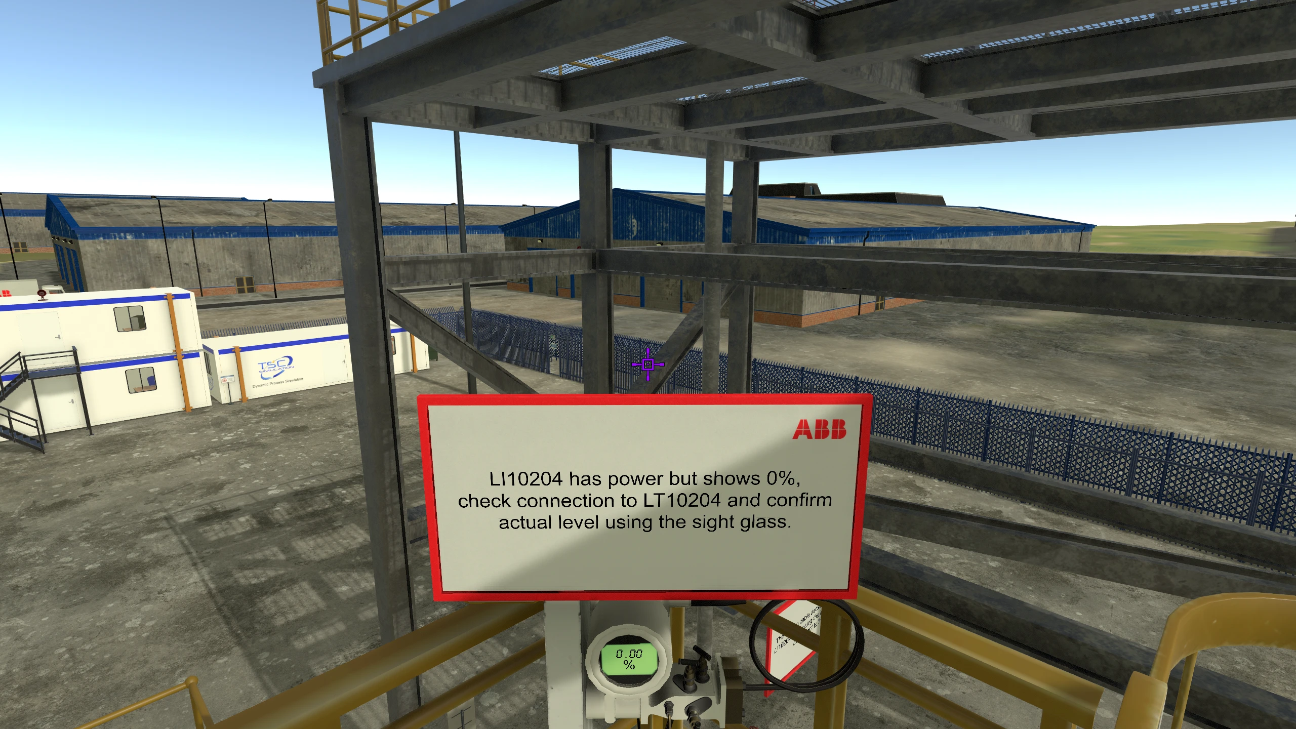 In-world fault-finding prompt above a level instrument asking the participant to check a transmitter connection and confirm the level using a sight glass.