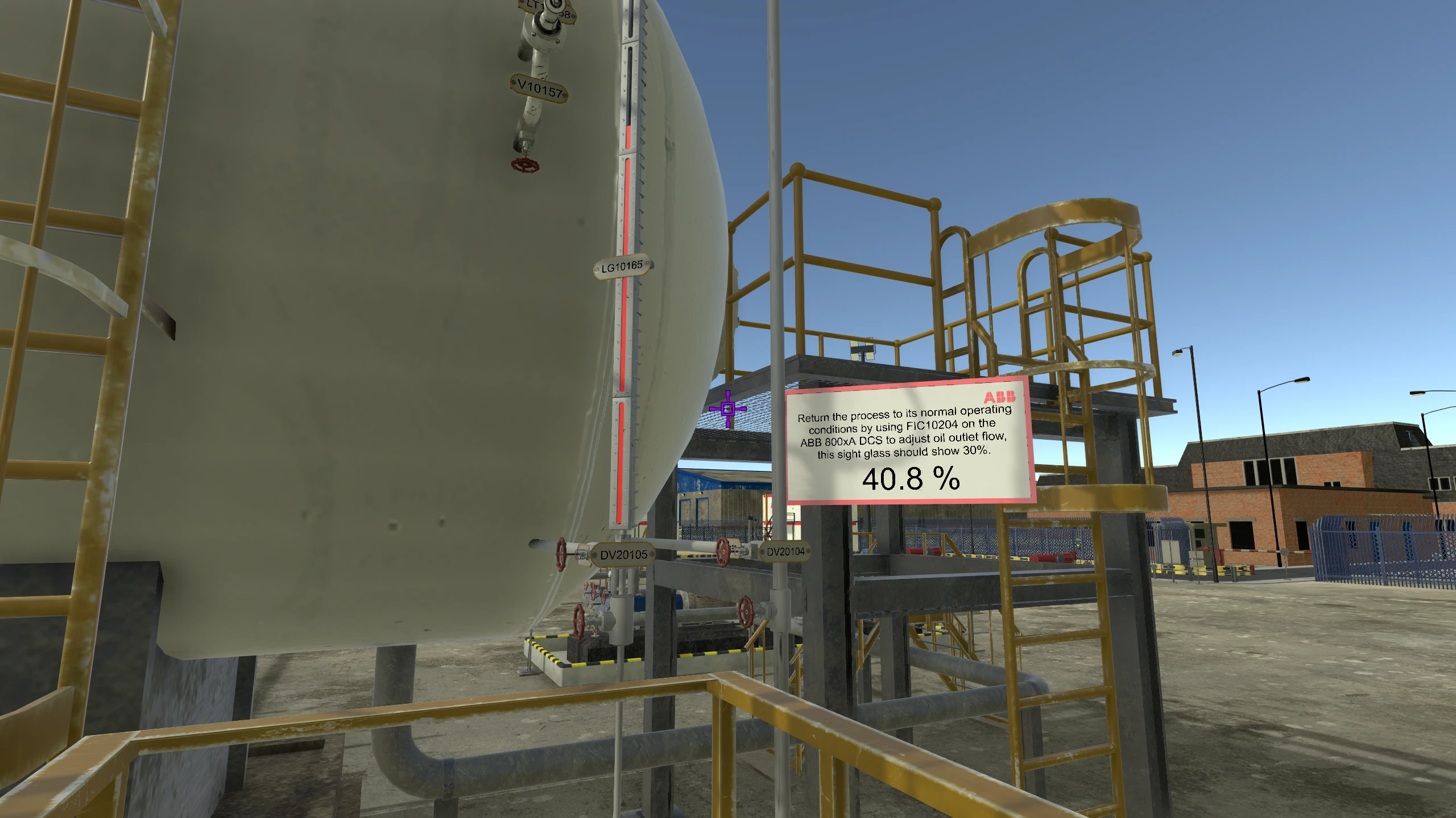 Separator sight glass beside an ABB task panel showing 40.8 percent and a target level of 30 percent using the 800xA oil outlet flow control.