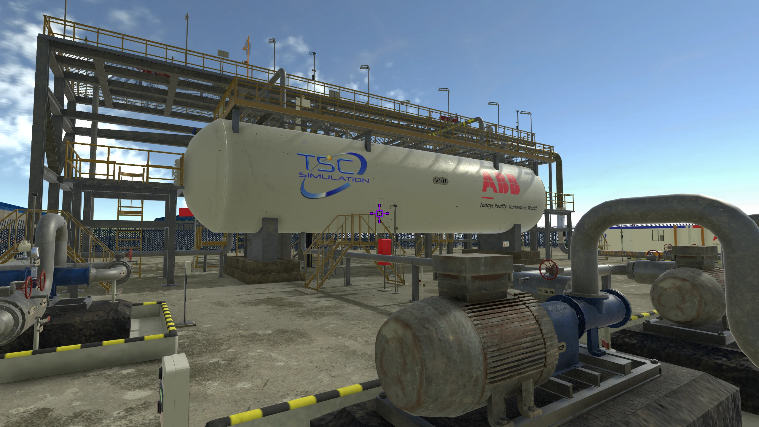 TSC and ABB branded three-phase separator in the Unity virtual plant, with access platforms, pipework and pumps.