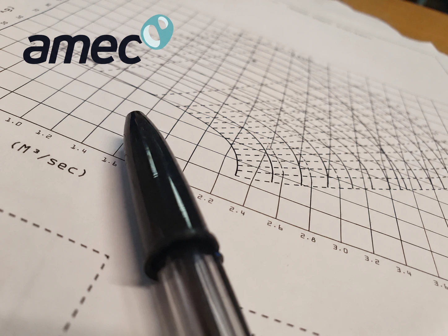 Compressor-curve photograph with the historic AMEC logo overlaid.