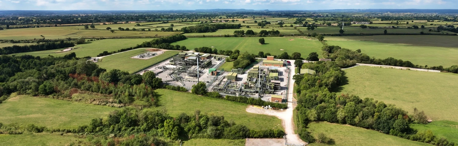 Aerial site photograph from Kistos’s Hill Top and Hole House page, showing gas-storage equipment surrounded by farmland.