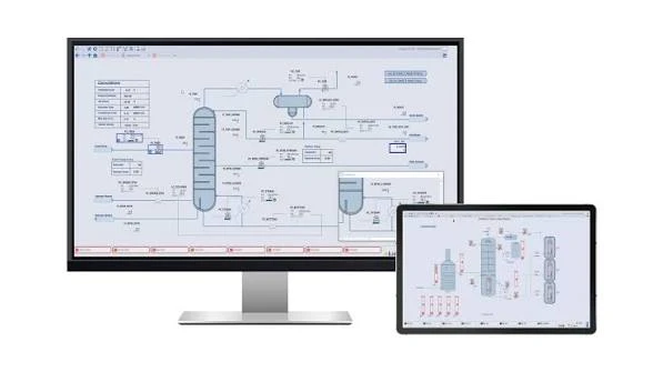Illustrative DeltaV-style process displays shown on a desktop monitor and a tablet.