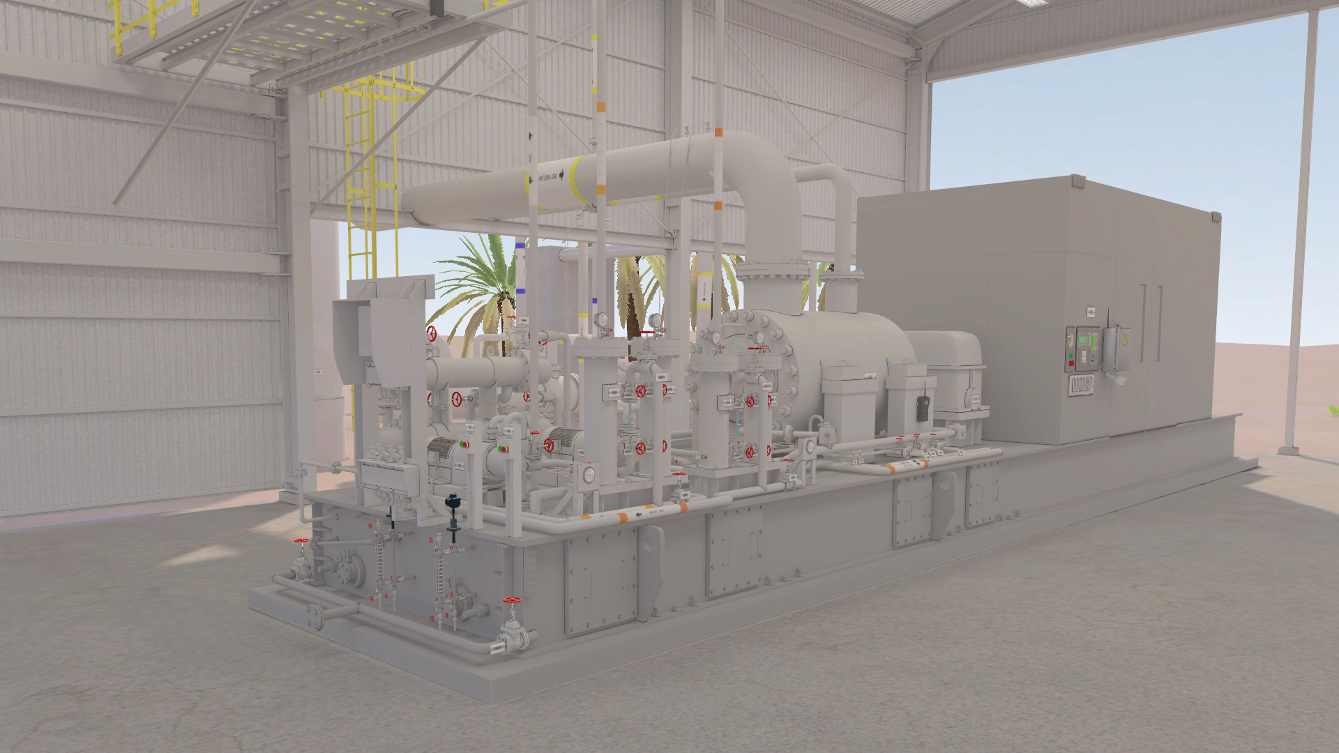 EON-based centrifugal compressor: EON centrifugal compressor package inside a virtual industrial building, with skid-mounted machinery, pipework, instruments and a local control enclosure.