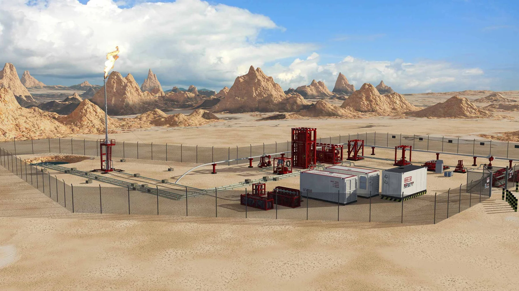 Halliburton early-production-facility visualisation with well-test equipment, pipework and a flare in an onshore layout.