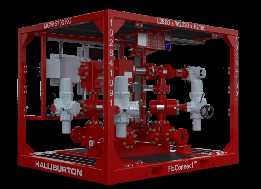 Halliburton FloConnect automated choke manifold within a red equipment frame.