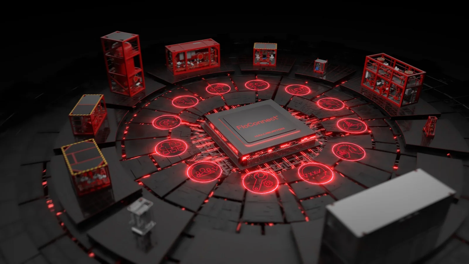 Halliburton FloConnect product visualisation connecting automated well-test equipment around a central control platform.