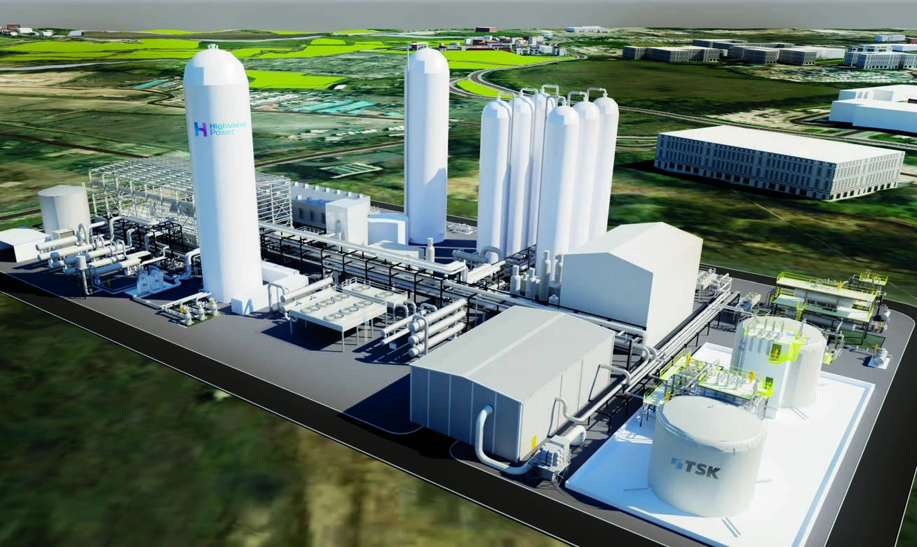 Aerial concept rendering of Highview Power’s CRYOBattery facility, showing tall storage vessels, process buildings and interconnected pipework.