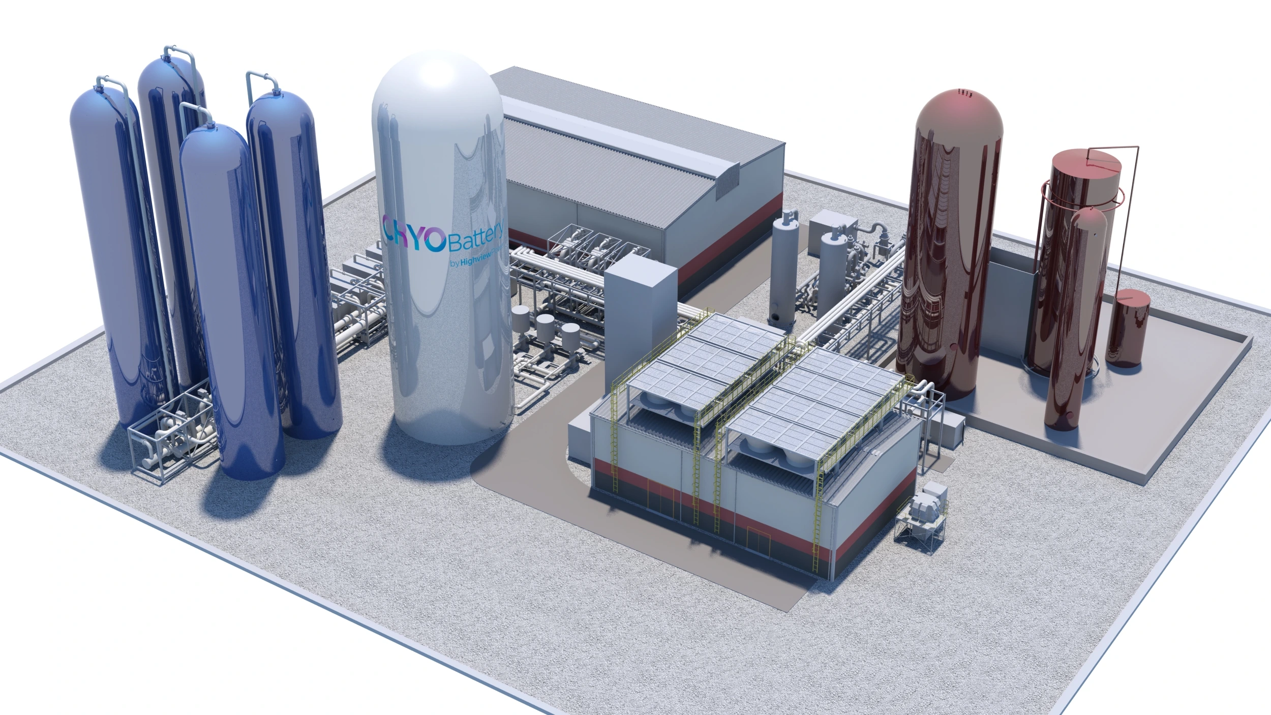 Historical CRYOBattery concept rendering with blue and brown vertical vessels, storage tank and processing buildings on a white background.