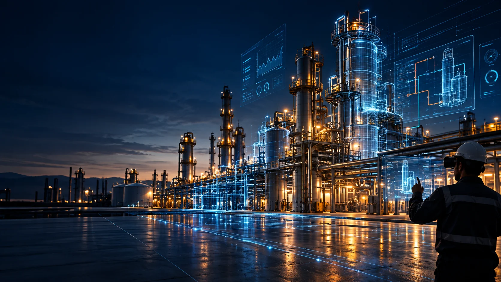 Illustrative industrial plant at dusk with blue digital-twin overlays and an engineer using an immersive display.