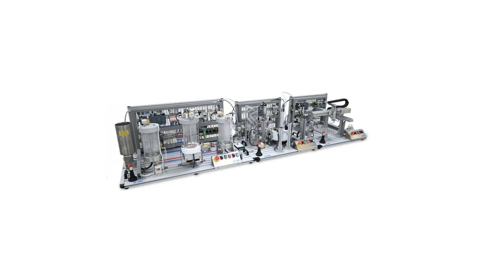 Complete SMC IPC-200 training line with process-control, bottling and palletising stations.
