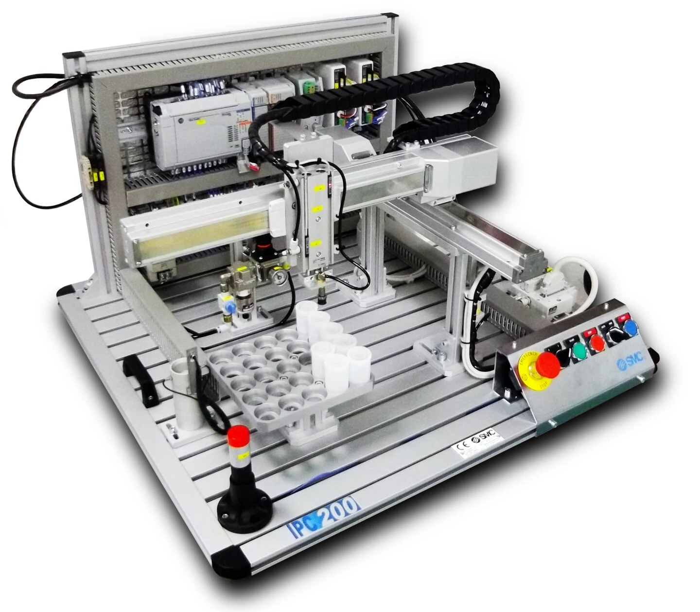 IPC203 storage and palletising station with Cartesian handling axes and a bottle storage grid.