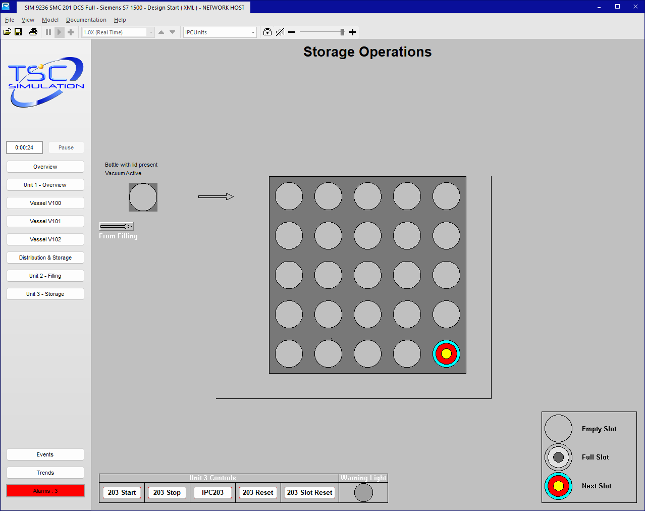 TSC Storage Operations display with a five-by-five bottle grid, transfer path and station controls.