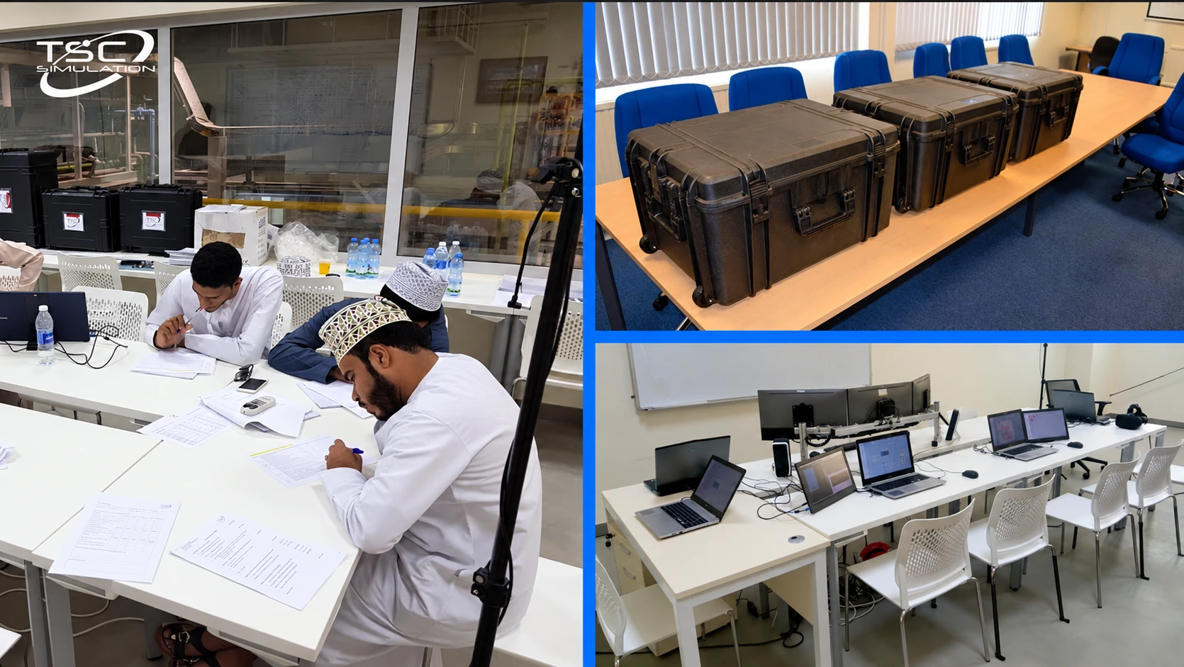 TSC composite showing participants in a training room, rugged transport cases and the portable system assembled with laptops and a triple-screen display.