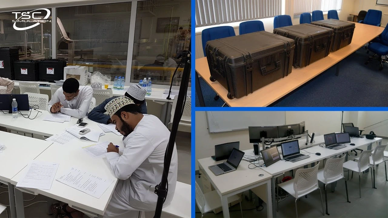 Portable training system video thumbnail showing a training session, protective flight cases and the assembled laptop and triple-screen classroom setup.