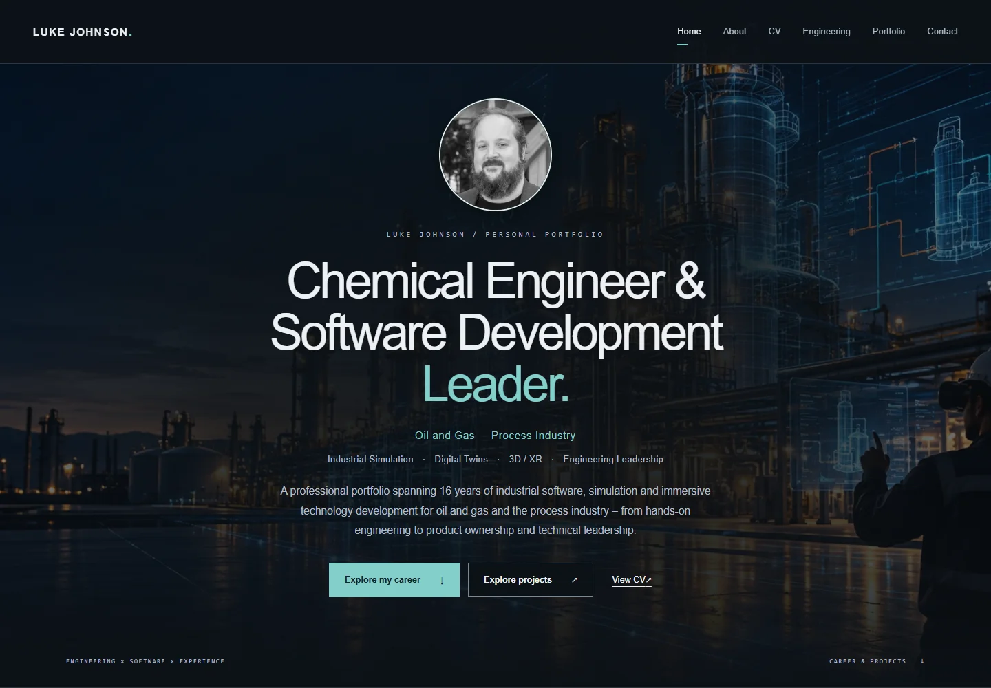 The homepage of my personal engineering portfolio, introducing my chemical engineering and software development background.