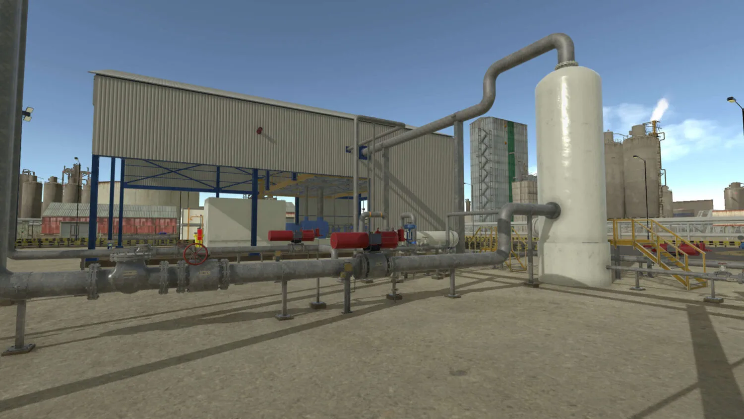 Compressor-building exterior, process vessel and gas pipework in the virtual plant.