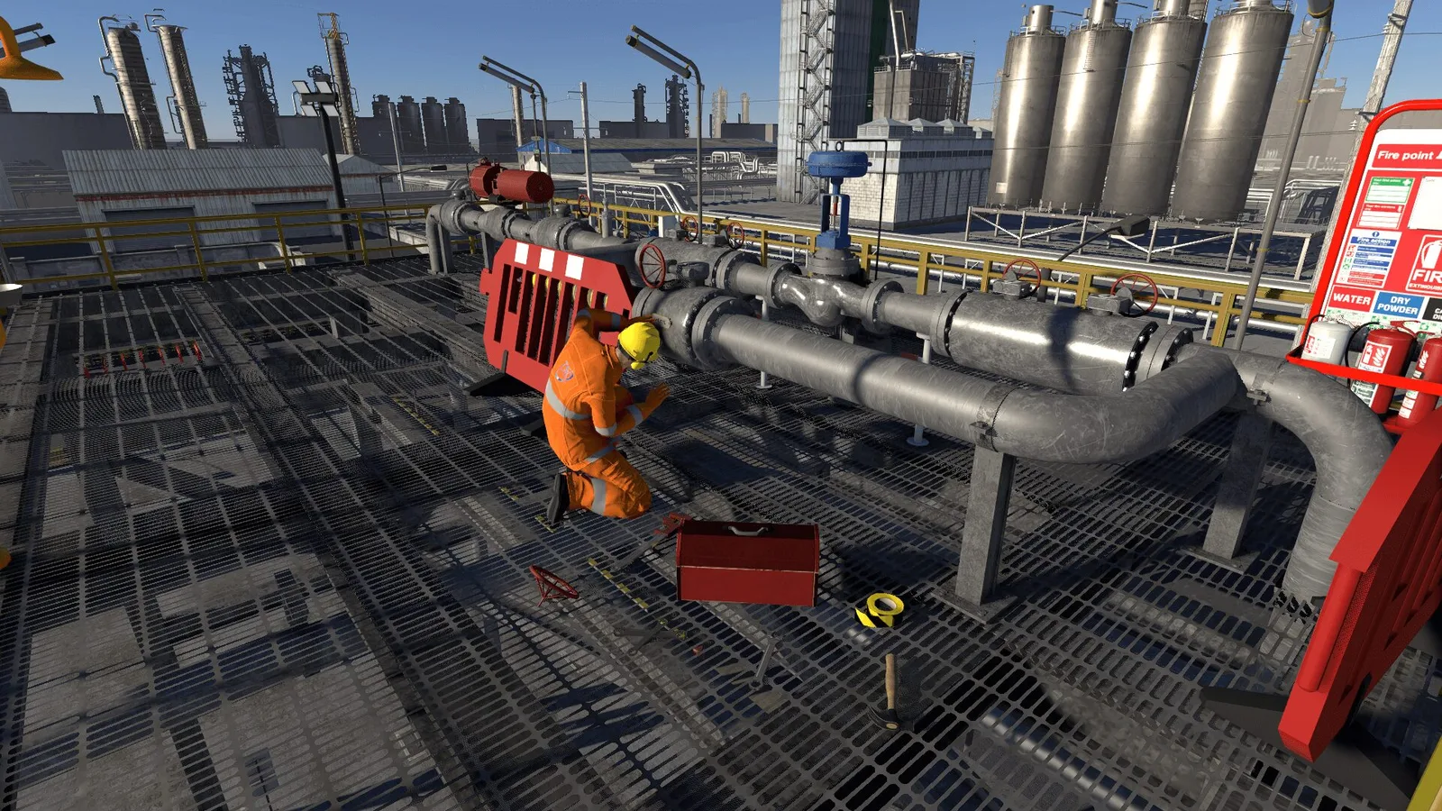 Industrial plant scenario with equipment and a worker in the Hazard Identification experience.