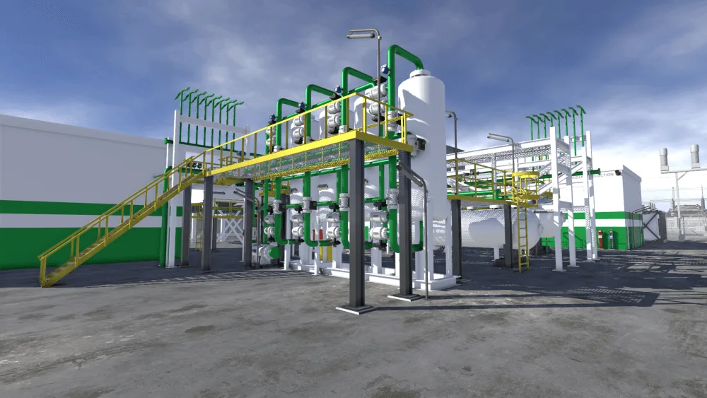 Electrolysis equipment, pipework and access platforms in the green hydrogen virtual plant.