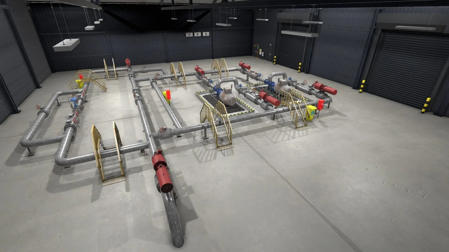 Overhead view of the pipeline model’s pig launcher, receiver and connected pipework.